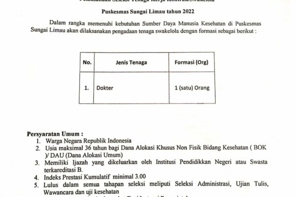 Info lowongan kerja Tenaga Kontrak Dokter Puskesmas Sungai Limau